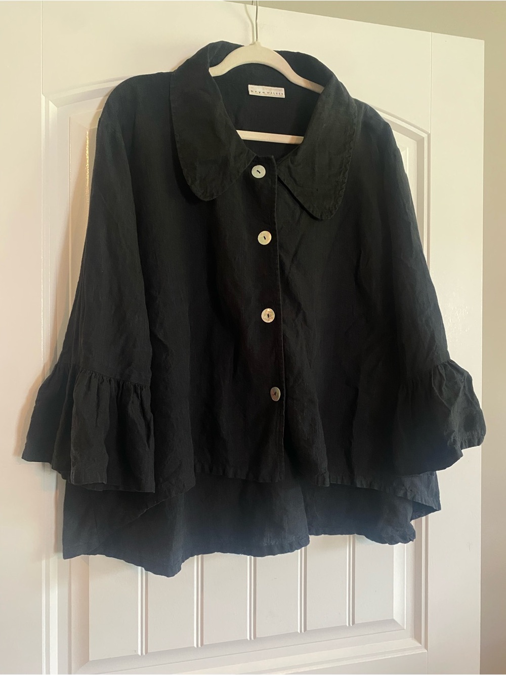 bryn Walker linen Black Ruffle-Sleeve Button Front top
